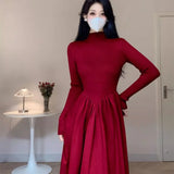 Wjczt Knitted Women Dresses Solid Autumn Winter Basics Elegant Vestidos Mujer Korean Fashion A-line Mock Neck Long Dress