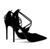 Wjczt Women's Summer Sandals Cross Strap Sexy High Heels Black Suede Shoes Skirt