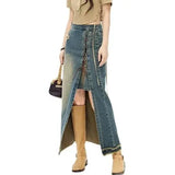 Wjczt Long Denim Skirt Irregular Bandage Raw Edge Split Women High Waist A-Line Korean Vintage Large Size Jean Hip-Covering Skirt