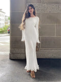 Wjczt Elegant Solid Ruffles Knitted Dress For Women Loose O Neck Long Trumpet Sleeve Maxi Dresses 2024 New Female White Knitwear