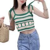 Wjczt Women Hollow Knit Crochet Striped Vest Sleeveless Tie Shoulder Floral Crop Top N7YF