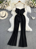 Wjczt Women Elegant Black Playsuits Summer Sexy V-neck High Waisted Jumpsuit Female Loose Flared Wide Leg Long Pants Romper