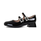 Wjczt  3cm Women's Loafers Casual Black Leather Low Heels Straps Mary Jane Shoes Plus Size 41 42 43