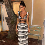 Wjczt Ladies Striped Knitted Beach Skirt Sets Women Sexy Backless Slim Bohemian Outfits Ruffle Holiday Vacation 2 Piece Set Female