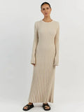 Women Casual O-neck Knitted Long Dress Autumn Elegant Ribbed Long Sleeve Bodycon Dresses Ladies Pleated A-line Maxi Dress Robes