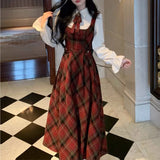 Wjczt French Vintage Two-piece Dress Set Women Flare Sleeve Shirt Red Plaid Strap Dress A-line Autumn Winter New Christmas Party Dress