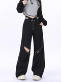 Wjczt Y2K Black Cargo Pants Women Baggy Punk Style Zipper Trouser Hip Hop Gyaru Streetwear High Waist Pant Techwear Hollow Out