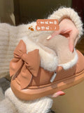 Wjczt Bow Knot Short Ankle Snow Boots Women Winter Plush And Thick Insulation Waterproof PU Cotton Household Shoes Home Slipper Women