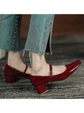 Wjczt New Women Red Black Mary Janes Shoes Lady High Quality Leather Low Heel Dress Shoes Square Toe Shallow Buckle Strap Shoes Female