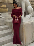 Wjczt Red Wine Off Shoulder Knitted Maxi Dresses For Women Elegant Long Sleeve Pleated Slim Mermaid Dress Elegant Night Party Robes