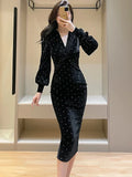 Wjczt Hepburn Black Velvet Polka Dot Bodycon Women's Long Dress Autumn Winter Luxury Party Vestidos 2025 Korean Elegant Evening Dress