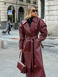 Wjczt Fashion Burgundy Long Waistband Women's Leather Jacket Double Breasted Full Sleeved Lapel Street Overcoat Autumn New Outerwear