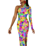 Wjczt Neon Paint Long Dress Women Graffiti Splatter Print Party Maxi Dress Summer Long Sleeve Sexy Bodycon Dresses Side Split Clothes