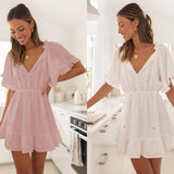 Wjczt Summer Women's Lace Splicing Dress Sweet V Neck Short Sleeve Daily Vacation Mini Dress Dresses For Women Leisure Beach Dresses