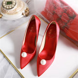 Wjczt 2024 New Pointed White Pearl 7cm Thin High Heel Women's Red Bridal Wedding Shoes