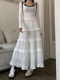 Wjczt High quality White Cute Skirts for Women Summer High Waisted A-line Skirt Long Skirt Hook Flower