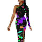 Wjczt Neon Paint Long Dress Women Graffiti Splatter Print Party Maxi Dress Summer Long Sleeve Sexy Bodycon Dresses Side Split Clothes