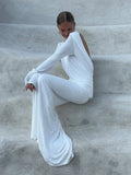 Wjczt Chic Backless White Long Sleeved Slim Fit Dress For Women Pleated Elegant Round Neck Long Dresses 2024 New Female Evening Gowns