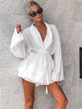 Wjczt White Lace-Up 2 Piece-Set Shorts For Women Casual Loose Bandage Cardigan Coat And High Waist Shorts Sets Female Outfits