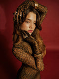 Wjczt Leopard Print Maxi Dress For Women Fashion O Neck Long Sleeve With Gloves See Through Bodycon Sexy Long Dress Elegant