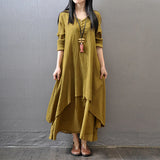 Wjczt Autumn Women Boho Vintage Dress Literary Large Swing Elegant Dresses Linen Layering Long Sleeve Casual Fake Two-Piece Vestidos