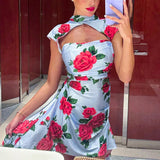 Wjczt Summer Floral Print Short Sleeve Sexy Mini Bodycon Dresses For Women Evening Party Club Elegant Blue Dress Vestidos