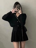 Wjczt Casual Knitted 2 Piece Set Single Breasted V-neck Top + High Waist Mini Pleated Skirt Autumn Spring Korean Fashion Solid Outfits