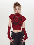 Wjczt Y2k Red Tops for Women Vintage 2000s Aesthetic Kpop T-shirts Grunge Korean Long Sleeve Gyaru Streetwear Harajuku Acubi