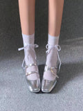 Wjczt NEW Elegant Silver Ballet Shoes Lady Sweet Mary Jane Thick High-heeled Shoes Heels Retro Footwear Lolita Shoes