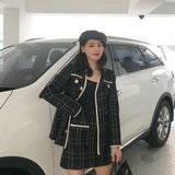 Wjczt New Autumn Elegant Black Plaid Woolen Tweed Jacket Coat + Mini Skirt Set Office Elegant Women Two Piece Set Outfits Tracksuit