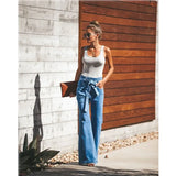 Wjczt Blue Tie Waist Flare Jeans Women Slim Denim Trousers Vintage Clothes 2021 spring High  Pants Belted Stretchy Wide Leg