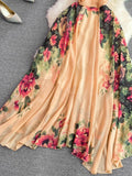 Wjczt Elegant Evening Party Dress Women Sexy V-neck Floral Printed A-line Long Dresses Ladies Sleeveless Slim A-line Chiffon Long Robe