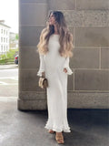 Wjczt Elegant Solid Ruffles Knitted Dress For Women Loose O Neck Long Trumpet Sleeve Maxi Dresses 2024 New Female White Knitwear