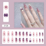 Wjczt 24P Nail Art Fake Nails Japanese Ballerina Press on Nails Set Diamond Streamer Flash Fly Butterfly Seamless Removable False Nail