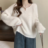 Wjczt V-neck Sweaters 2024 Autumn Winter Retro Knitted Jumper Tops Y2K Harajuku Casual Women Basic Loose Pullover Korean Style