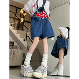 Wjczt Women Streetwear Kawaii Denim Shorts Overalls Lady Fashion Embroidery Oversize Wide Leg Jeans Female Y2k Clothes Deep Blue Pants