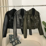 Wjczt Faux Leather Short Jacket 2024 Women Vintage Loose Pu with Belt Streetwear Female Zipper Retro Moto Biker Coat Outwear Tops