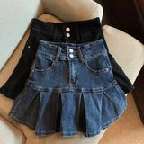 Wjczt Spring Autumn Girls Pleated Skirt Baby Denim Skirt Kids Skort Children Fashion Bottoms Ruched Soft 3-14Y Blue Skirt