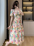 Wjczt Summer Square Collar Midi Dress Women Flower Floral Print Fashion Sweet Ruffle Ladies Dresses Pleated Loose Korean Vesidos