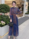 Wjczt Runway Leopard Print Long Pleated Dress Women 2024 Spring Elegant Designer Long Sleeve Vintage Bohemian Holiday Vestidos