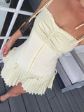 Wjczt Lovely A Line Summer Dress 2024 New Arrivals Cotton Blend Casual Beige Pleated Dress Mini Sexy Holiday Dress Women