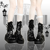 Wjczt Platform Goth Punk Motorcycle women's Boots Mid Calf Metal Chunky Heel Metal Chain High Wedges Cosplay JK Y2K Shoes