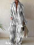 Wjczt Elegant Summer Stripes Shirt Pants Set Women Loose Long Sleeve Blouses Matching Wide Trousers Suit 2024 Casual 2 Piece Pant Set