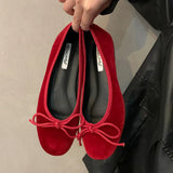 Wjczt 2024 Red Autumn Women Flat Shoes Fashion Bow-knot Round Toe Shallow Slip On Ladies Boat Shoes Soft Flat Heel Dress Ballerinas S