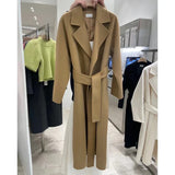 Wjczt Women Elegant Long Woolen Coat with Belt Autumn Winter New Fashion Solid Lapel Long Sleeve Chic Outerwear Ladies Casual Overcoat