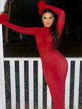 Wjczt autumn winter new red feather sleeve midi dresss for women gown fashion turtleneck backless sexy party long dress