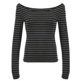 Wjczt Spring Fall Women's New Japanese Basic Models Slim Long-Sleeved Striped t-Shirt Strapless Korean Street Style y2k Thin Tops