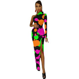 Wjczt Neon Paint Long Dress Women Graffiti Splatter Print Party Maxi Dress Summer Long Sleeve Sexy Bodycon Dresses Side Split Clothes