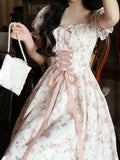 Wjczt Summer Lace Korean Fairy Dress Women Square Collar Princess Kawaii Floral Midi Dress Female Bandage Sweet Dresses Fashion