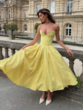 Wjczt Women Elegant Yellow Pleated Evening Gowns Sleeveless Deep V Neck Off Shoulder Backless Long Dresses 2024 Lady Sexy Party Robes